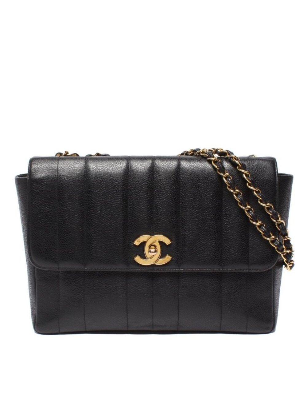 Chanel Chain Shoulder Bag Gold Double Single Flap Caviar Leather Mademoiselle